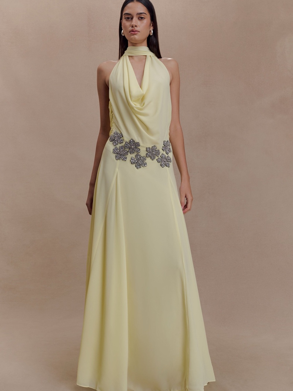 Meshki Santal - Floral Chiffon Halter Maxi Dress - Lemon